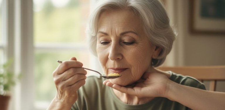 Schlucktherapie – ältere Frau erhält logopädische Unterstützung beim Essen.