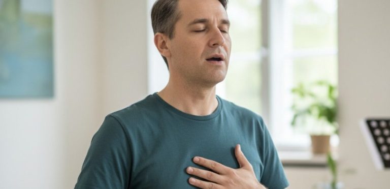 Stimmtherapie – Mann übt Atem- und Stimmtechniken zur Verbesserung des Stimmklangs mit Hand auf der Brust.